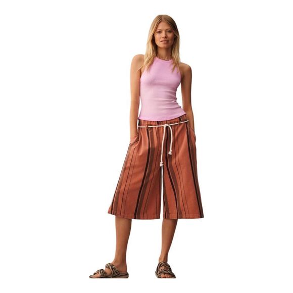 New! Anthropologie Pilcro Cropped PJ Striped Rope Belt Wide Leg Gaucho Jeans, S
